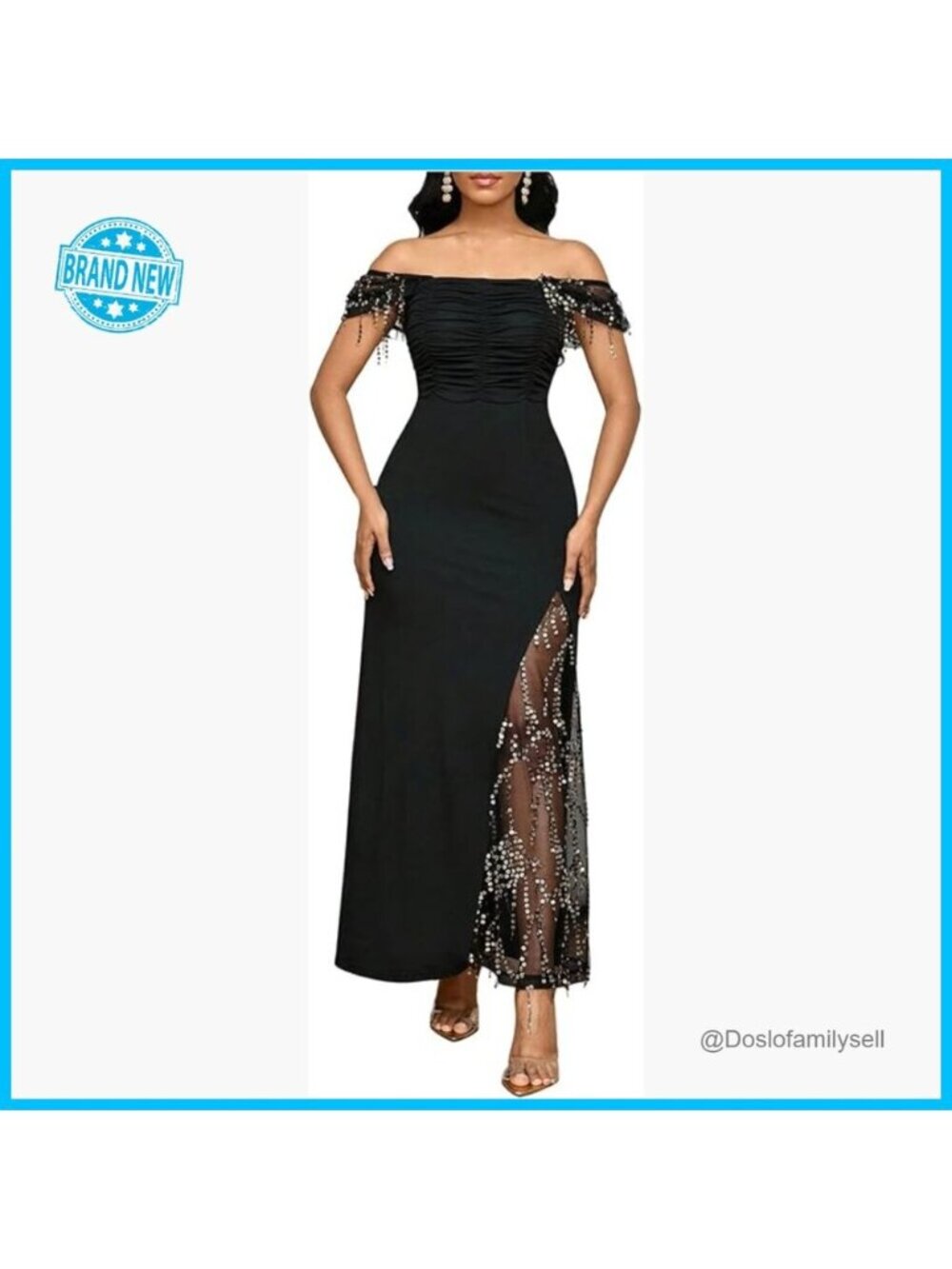 Sequin Mesh Formal Dress Elegant Ruched Long Sheath Evening Party Wear